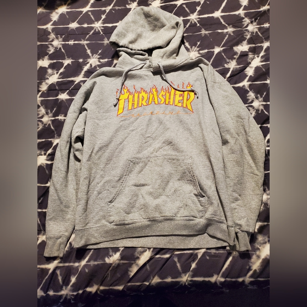 Thrasher Gray Hoodie with Yellow Flame Design